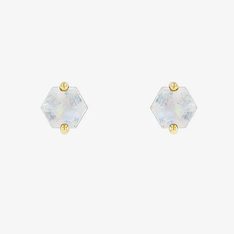 Hexagon Rainbow Moonstone Post Earrings