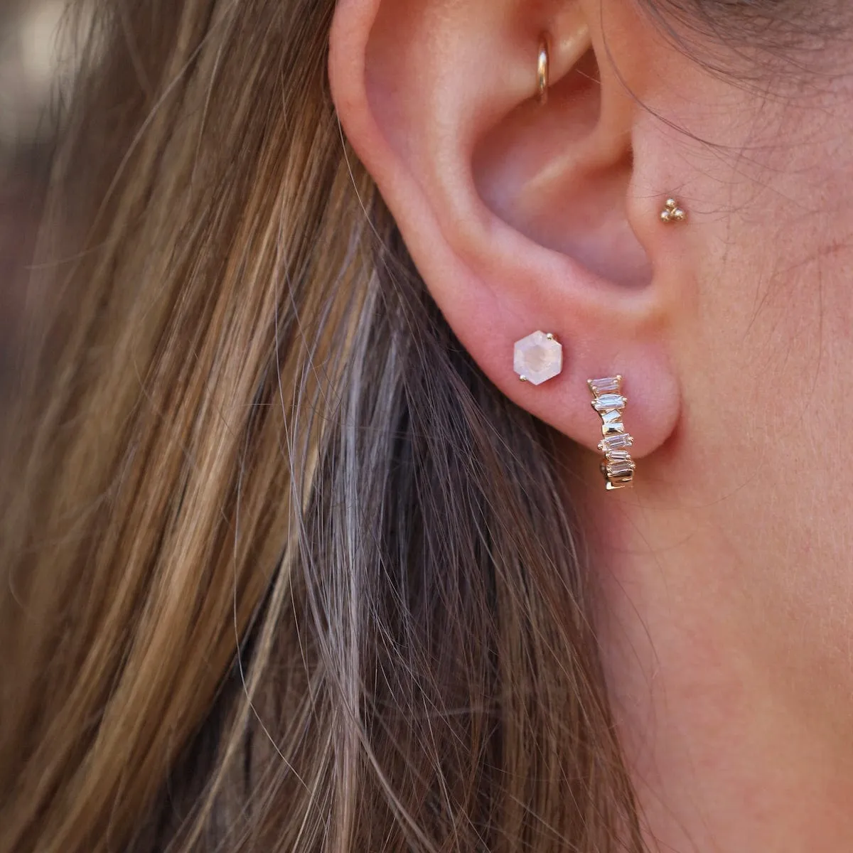 Hexagon Rainbow Moonstone Post Earrings