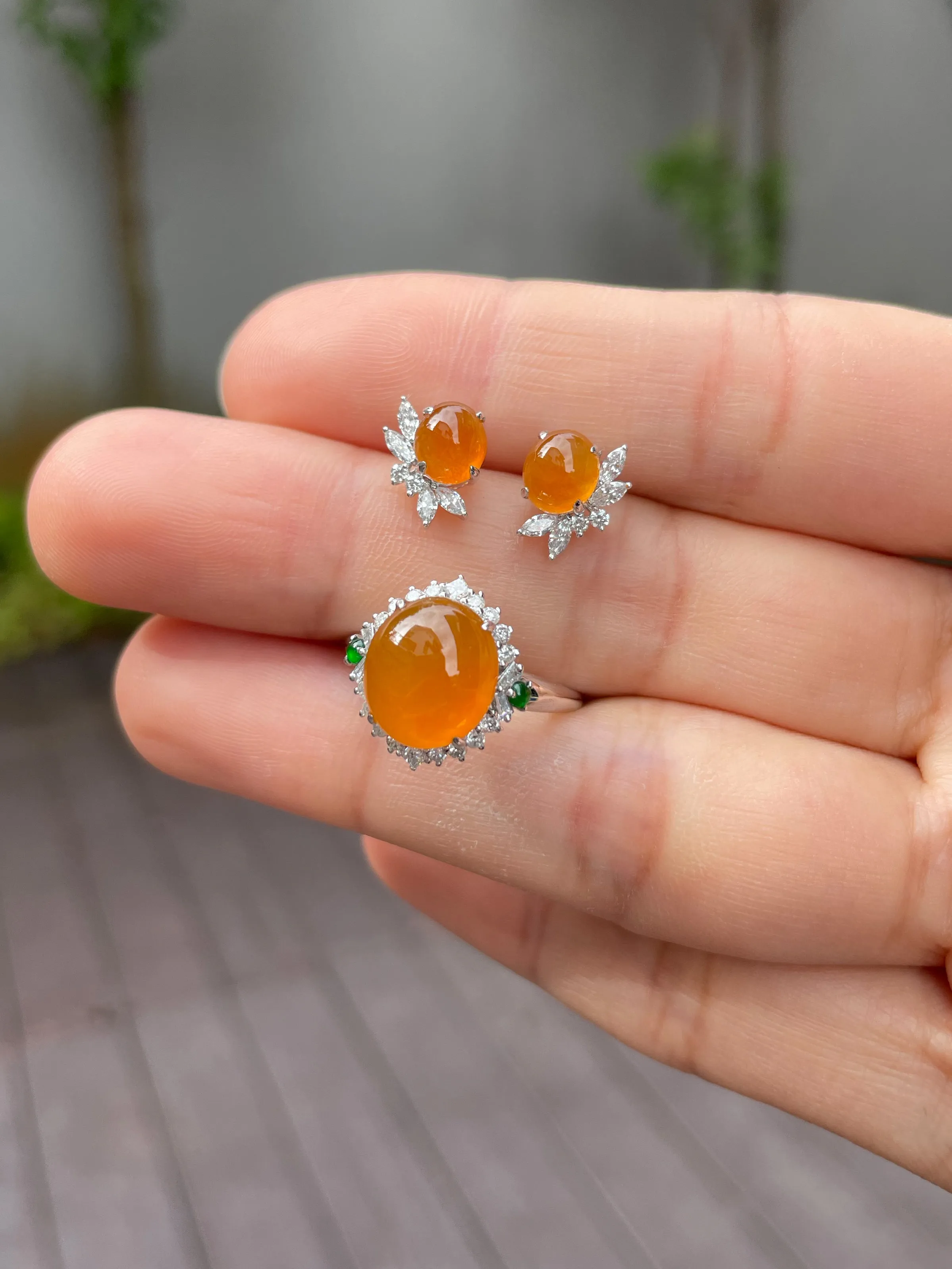 Icy Orange Jade Cabochon Ring (NJR063)