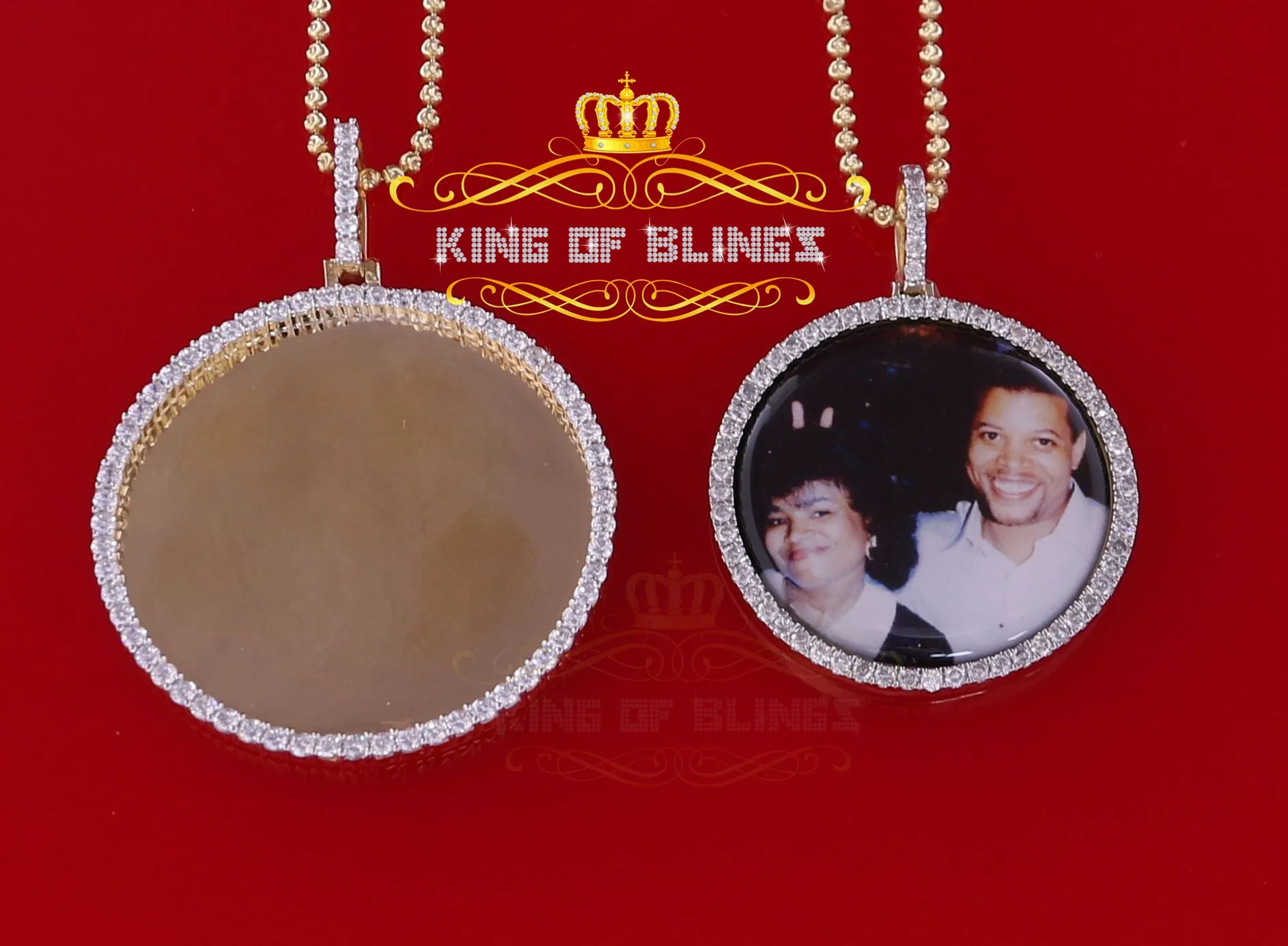 King of Bling's Yellow 1.75" Picture Round Pendant 925 Sterling Silver 15.09ct Cubic Zirconia