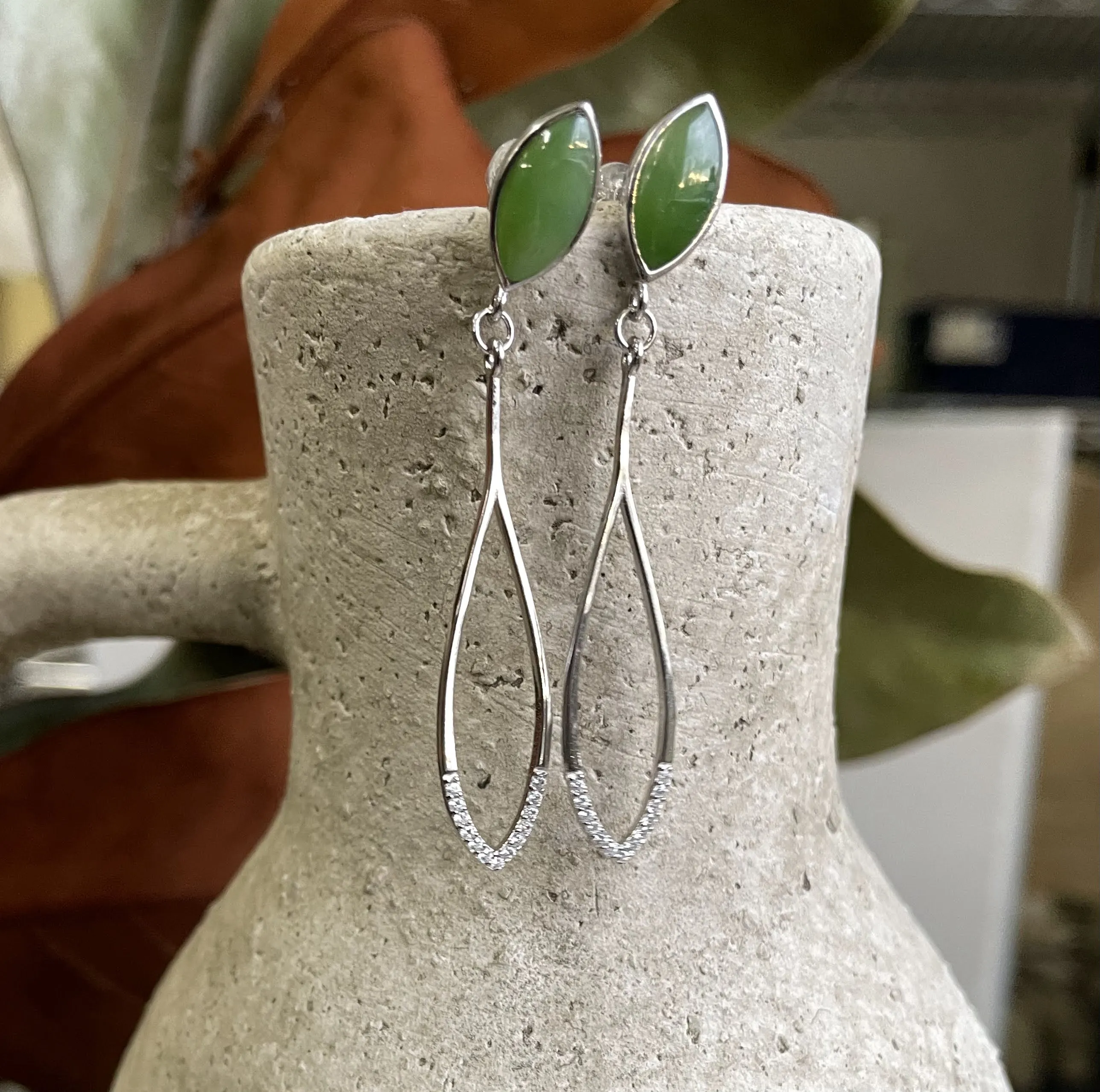 Long Silver Jade Earrings, E537