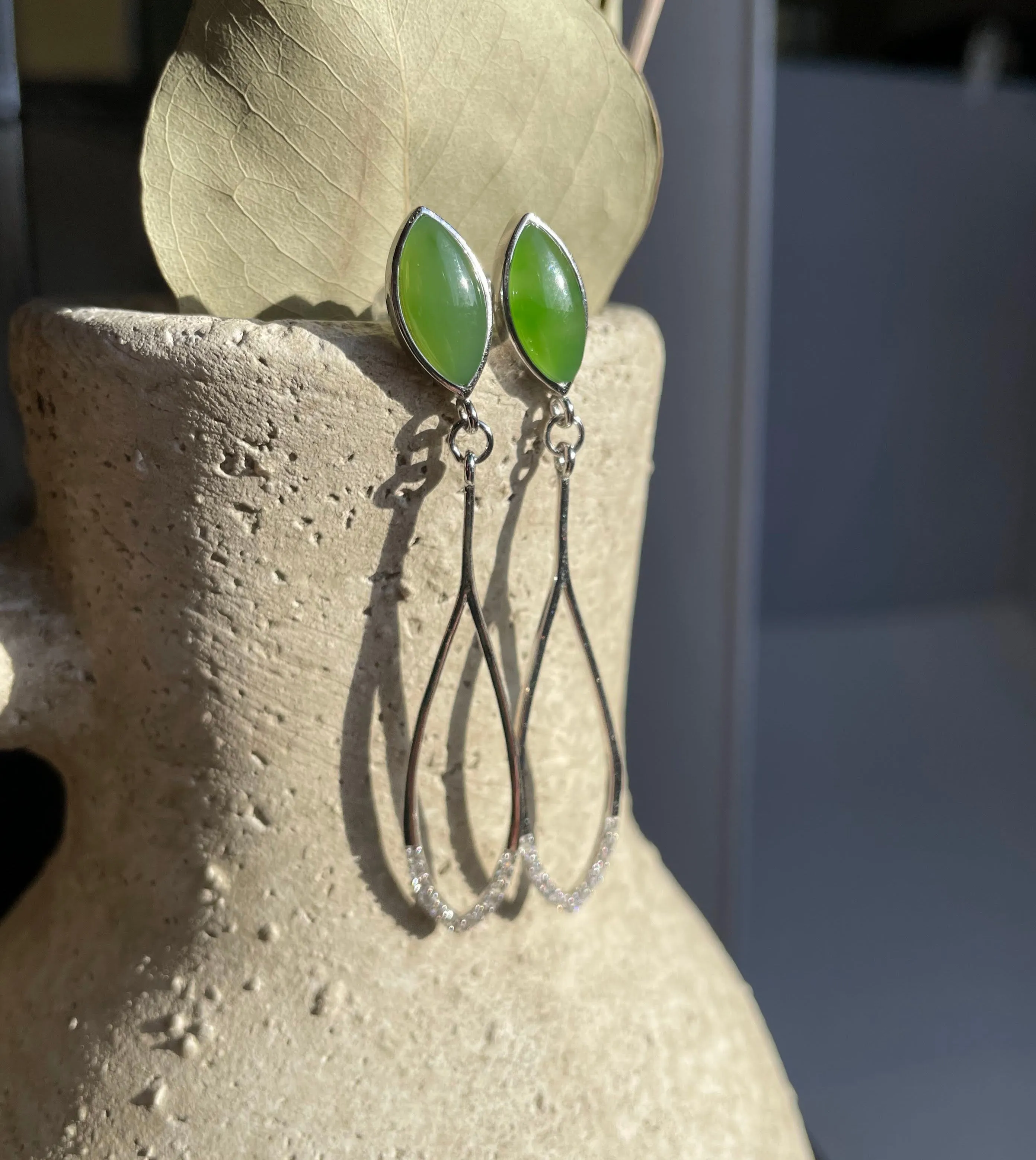 Long Silver Jade Earrings, E537