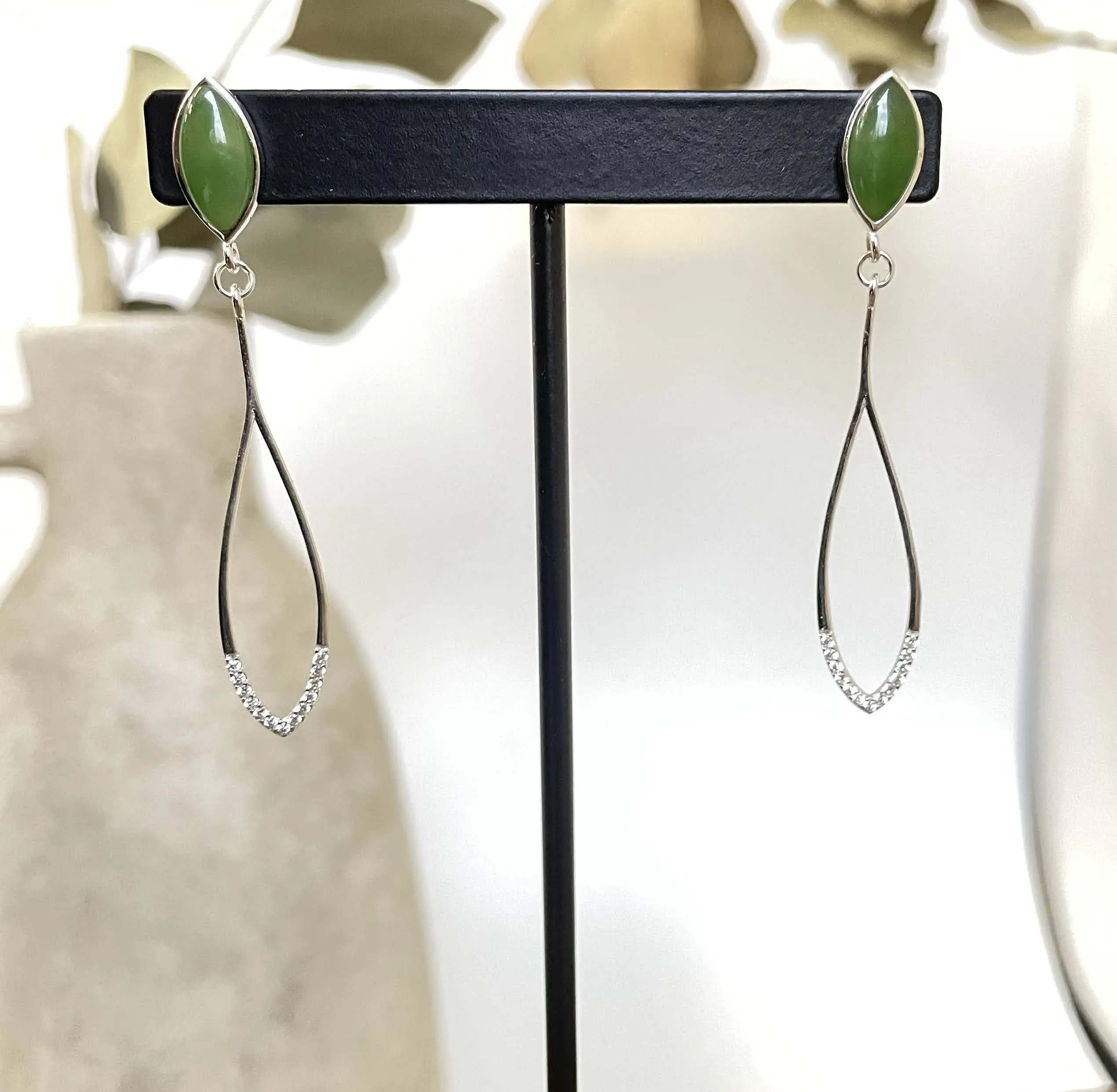 Long Silver Jade Earrings, E537