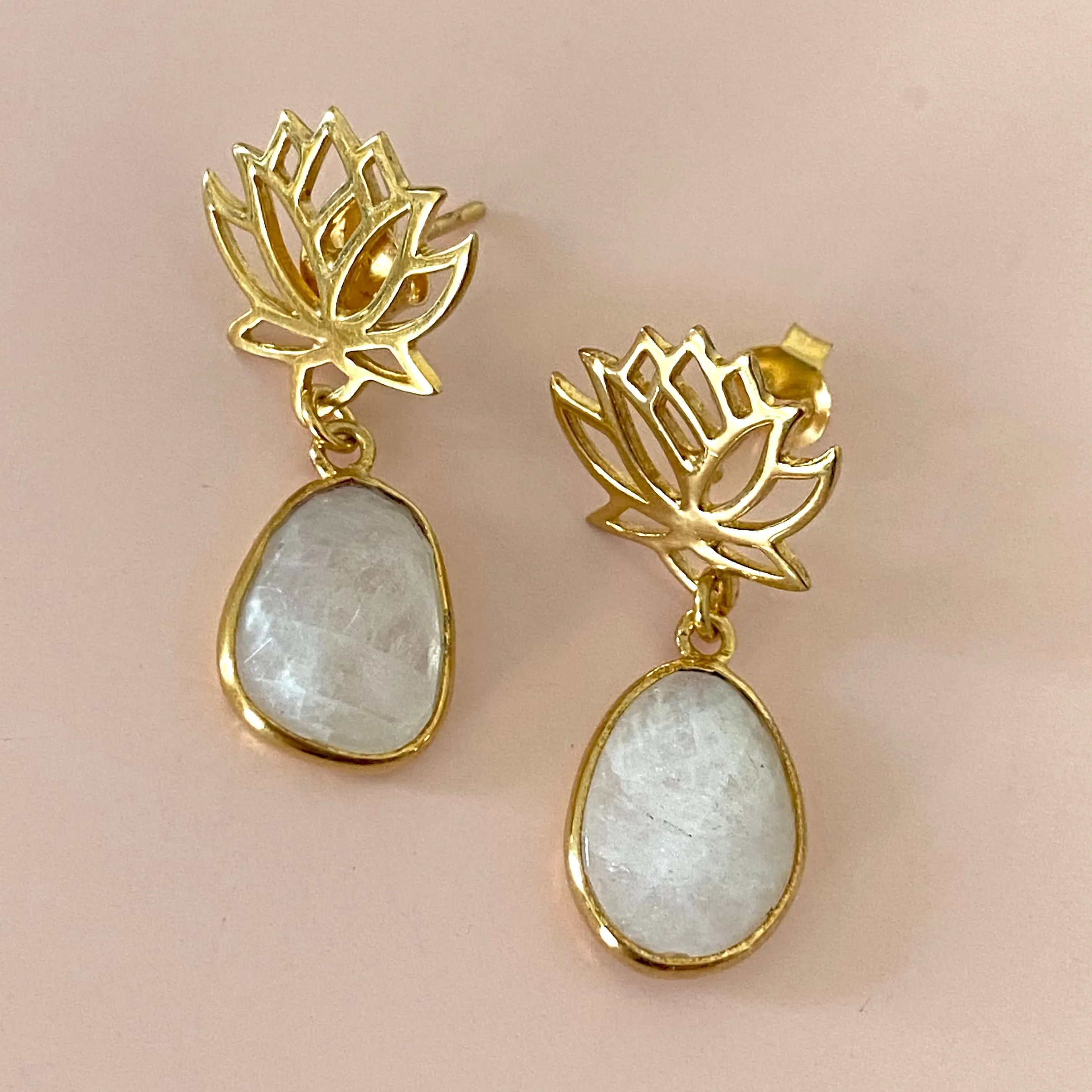 Lotus Earrings in Gold Plated Sterling Silver with a Moonstone Gemstone Drop