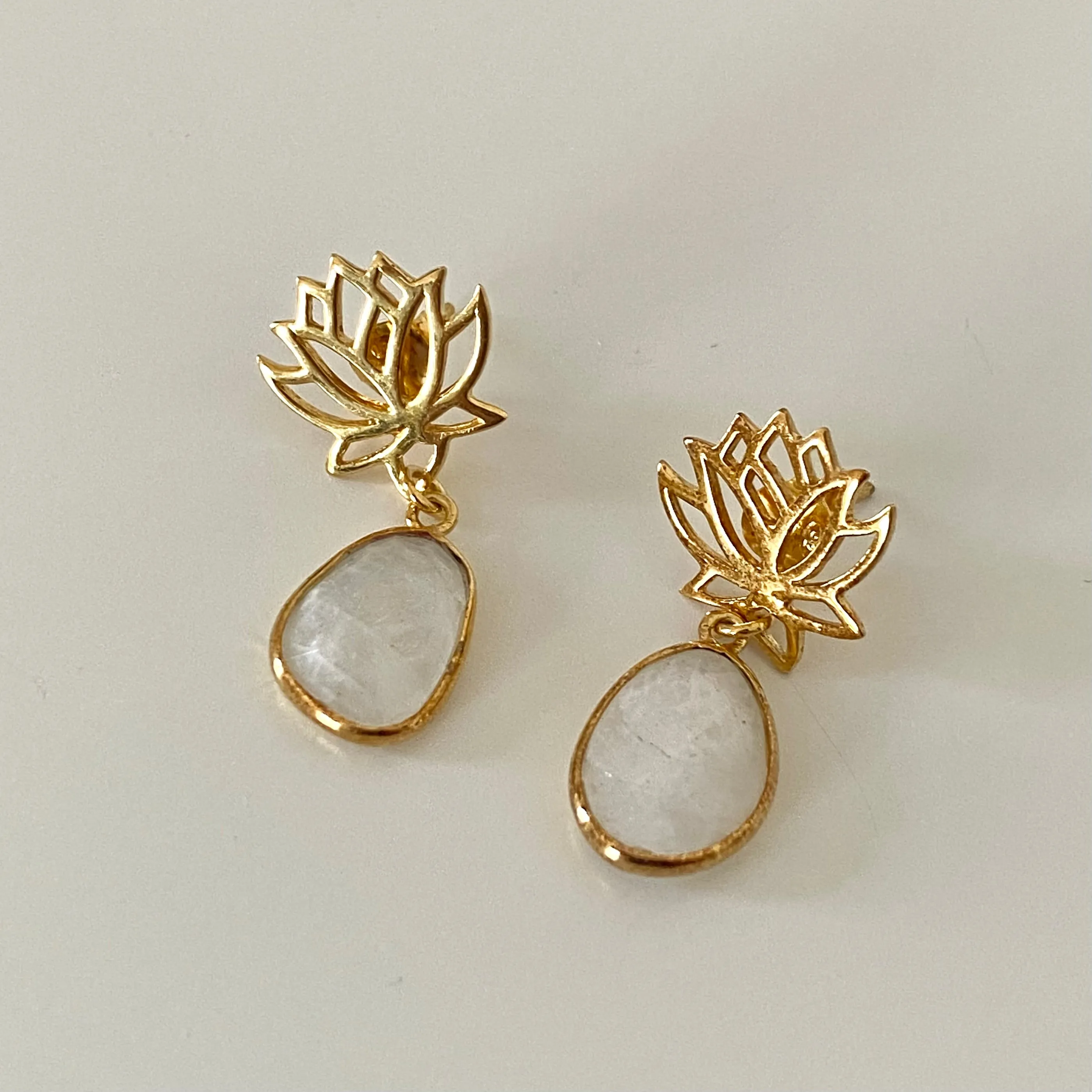 Lotus Earrings in Gold Plated Sterling Silver with a Moonstone Gemstone Drop