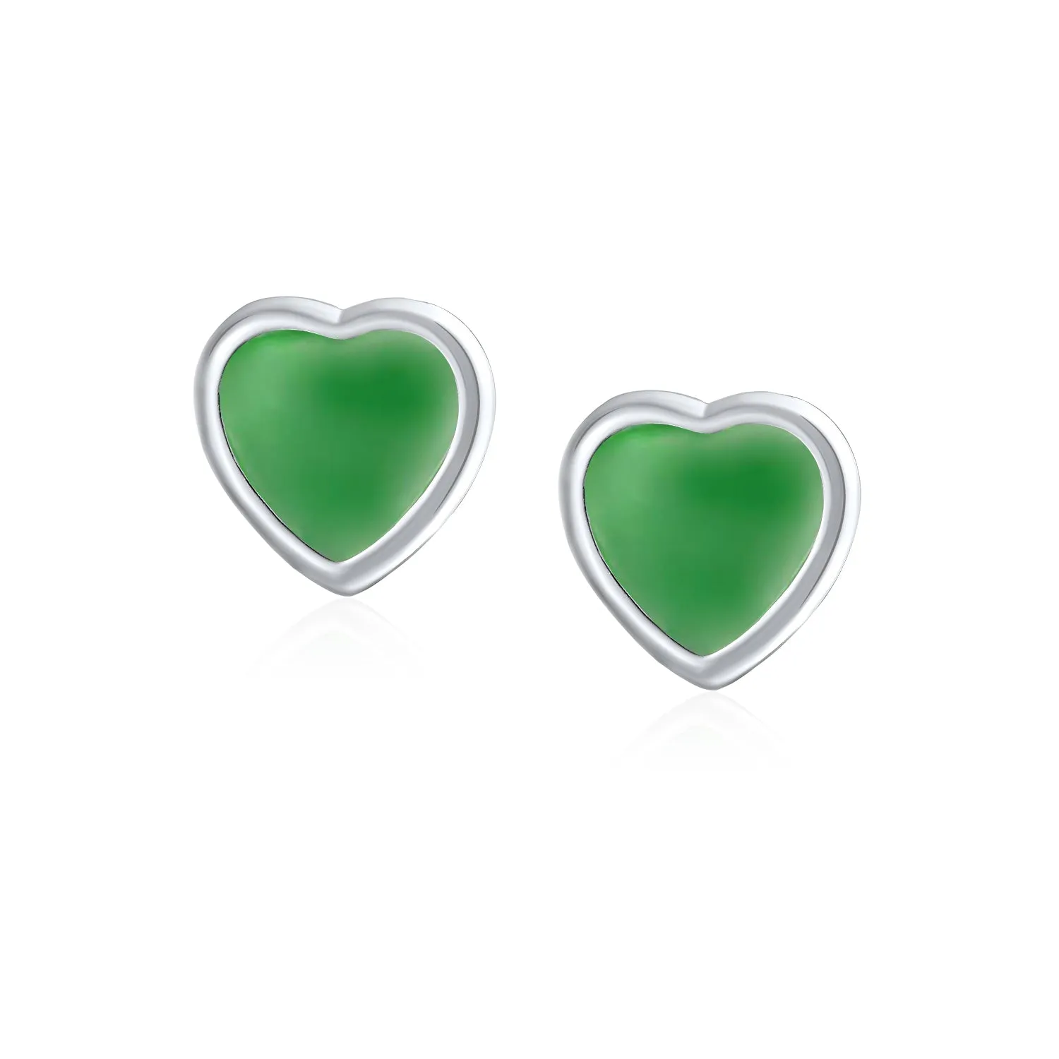 Lovers Bezel Set Green Jade Heart Stud Earrings Sterling Silver Gift