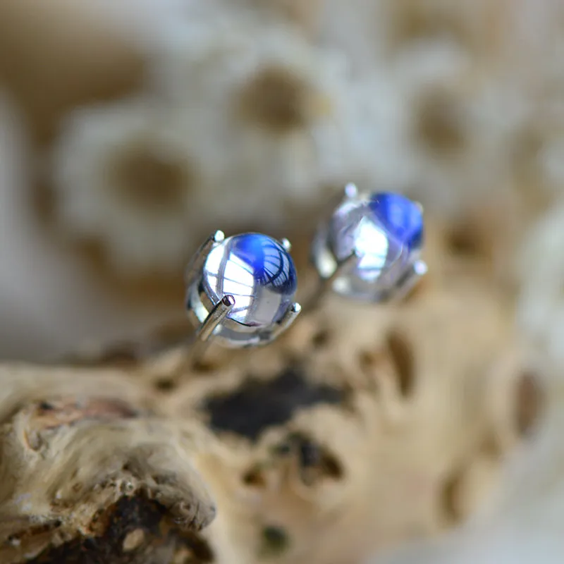Moonstone Stud Earrings in White Gold Plated Sterling Silver Handmade Jewelry Women