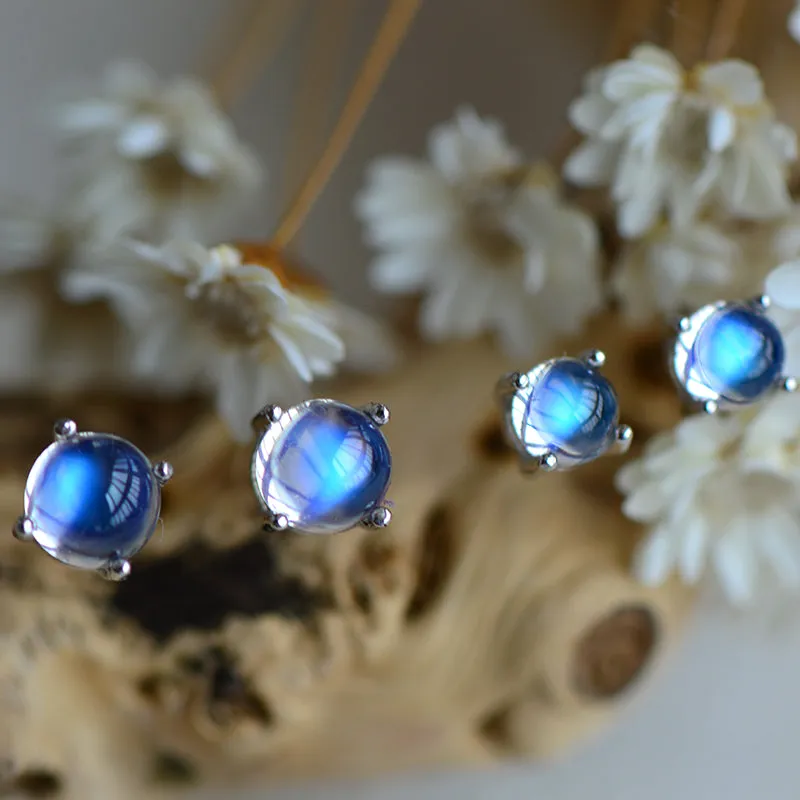 Moonstone Stud Earrings in White Gold Plated Sterling Silver Handmade Jewelry Women