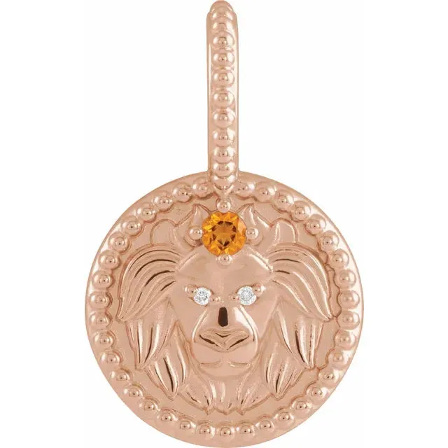 Platinum 14k Yellow Rose White Gold Sterling Silver Diamond and Citrine Leo Zodiac Horoscope Round Medallion Pendant Charm