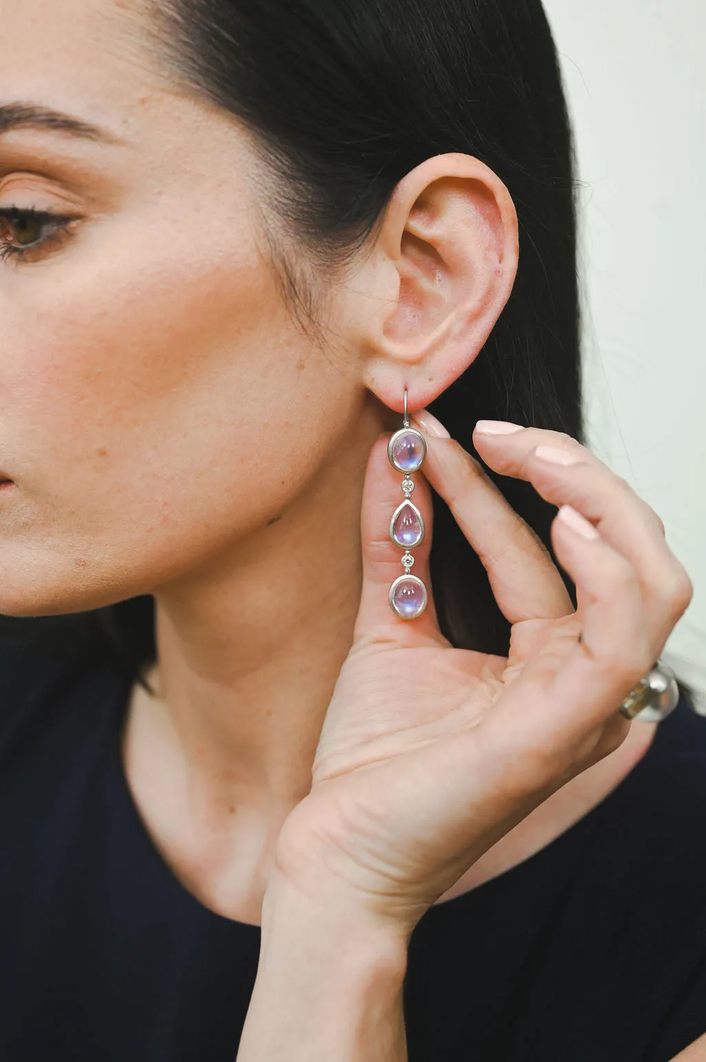 Platinum Diamond Ceylon Moonstone Line Earrings
