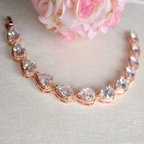 Rose Gold Bridal Bracelet, Teardrop CZ Crystal Wedding Bracelet, Cubic Zirconia Tennis Bracelet, Bridesmaid Bracelet, Blush Wedding