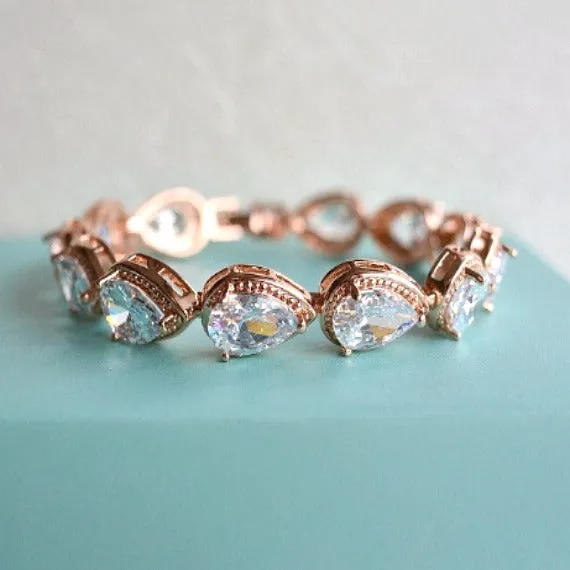 Rose Gold Bridal Bracelet, Teardrop CZ Crystal Wedding Bracelet, Cubic Zirconia Tennis Bracelet, Bridesmaid Bracelet, Blush Wedding