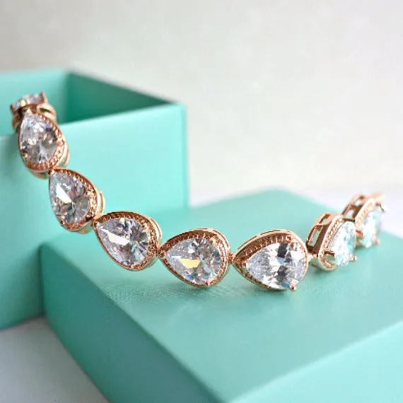 Rose Gold Bridal Bracelet, Teardrop CZ Crystal Wedding Bracelet, Cubic Zirconia Tennis Bracelet, Bridesmaid Bracelet, Blush Wedding