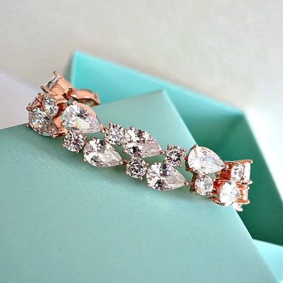 Rose Gold Cubic Zirconia Bridal Bracelet. CZ Crystal Bridal Wedding Cuff Bracelet. Tennis Crystal Bracelet. Blush Rose Gold Wedding Jewelry