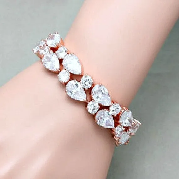 Rose Gold Cubic Zirconia Bridal Bracelet. CZ Crystal Bridal Wedding Cuff Bracelet. Tennis Crystal Bracelet. Blush Rose Gold Wedding Jewelry