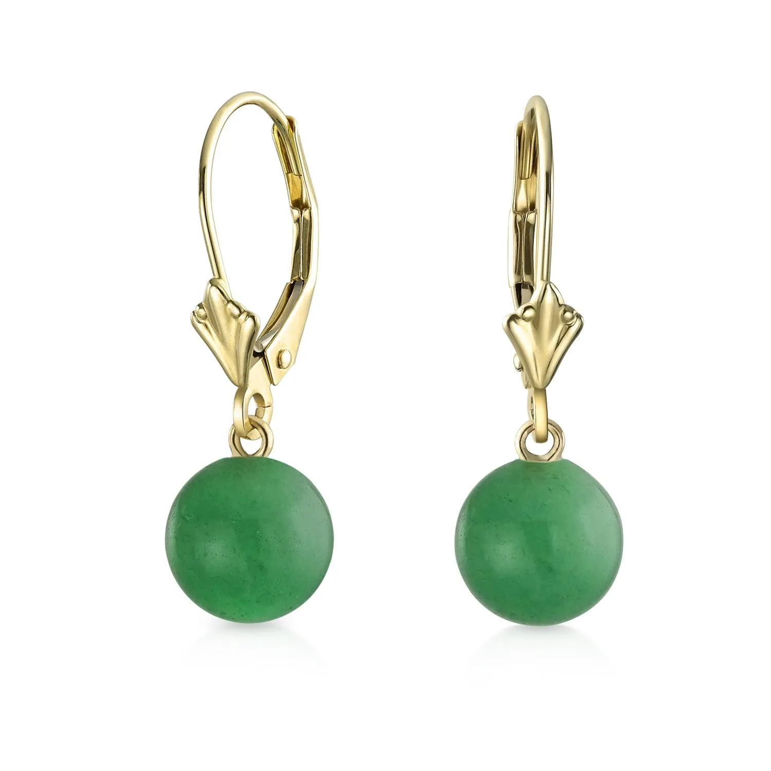 Simple Classic 14K Gold Green Jade Drop Ball Earrings with Lever Back