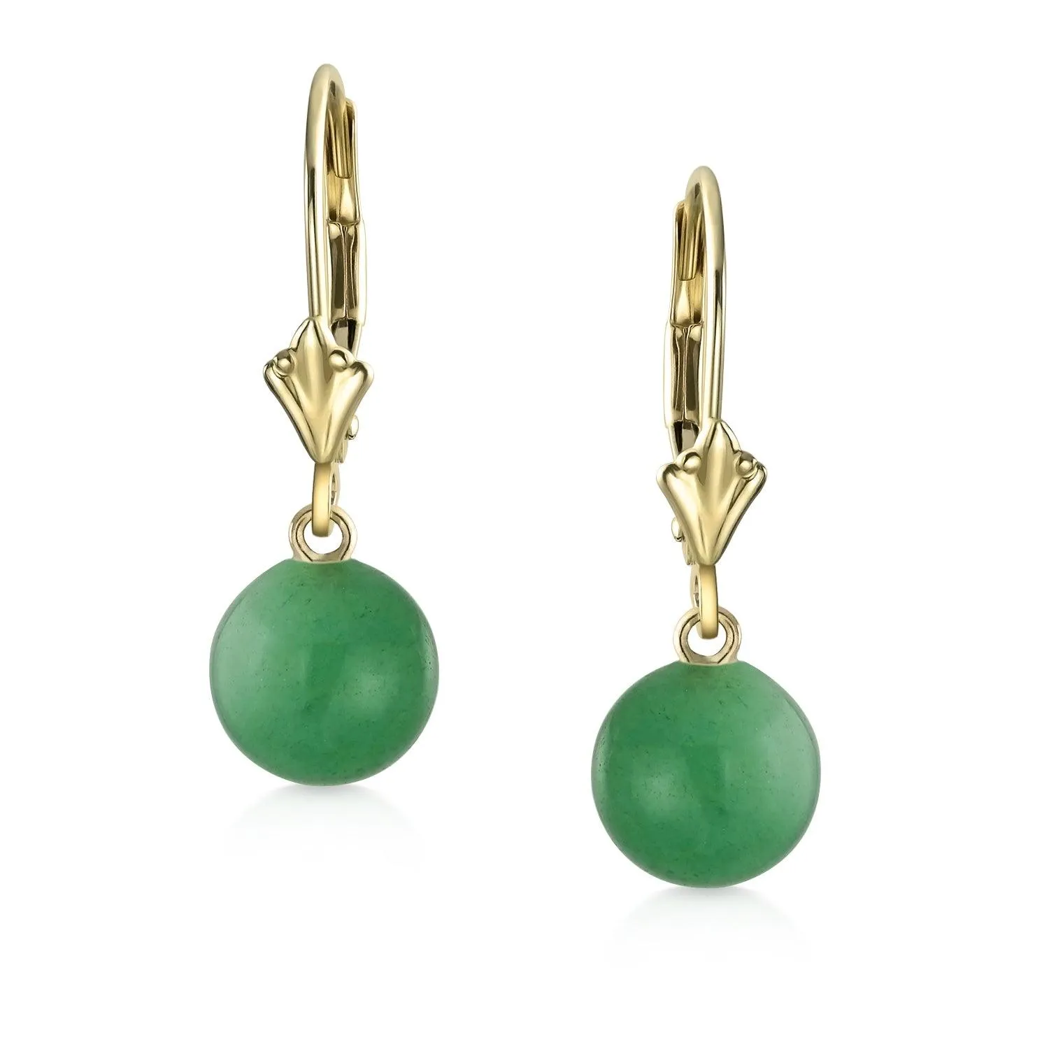 Simple Classic 14K Gold Green Jade Drop Ball Earrings with Lever Back