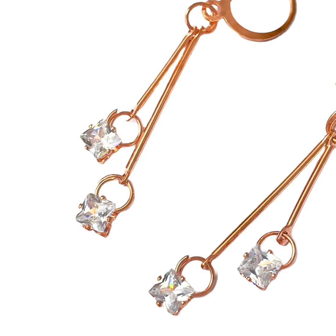 Square White Crystal Diamante Stud Rose Gold-Toned Hoop Drop Earrings