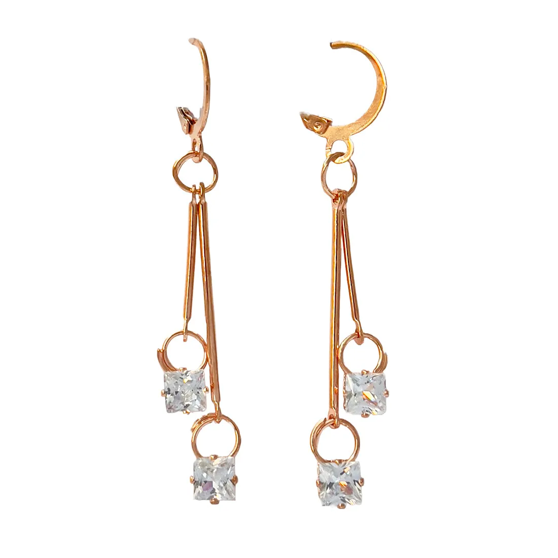 Square White Crystal Diamante Stud Rose Gold-Toned Hoop Drop Earrings