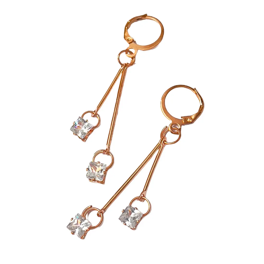 Square White Crystal Diamante Stud Rose Gold-Toned Hoop Drop Earrings