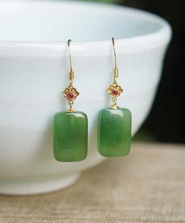 Vintage Green Sterling Silver Square Jade Drop Earrings TW1051