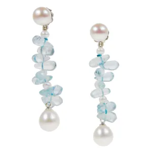 White Freshwater Pearl & Aquamarine 'Twinkling Light' Earrings